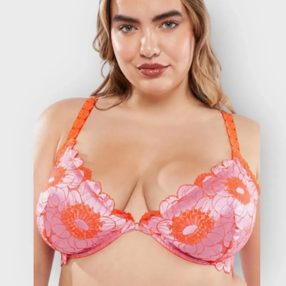 SavagexFenty Perfect Poppies Unlined Lace Demi Bra 38D Pink Orange Festival Top - Picture 2 of 10